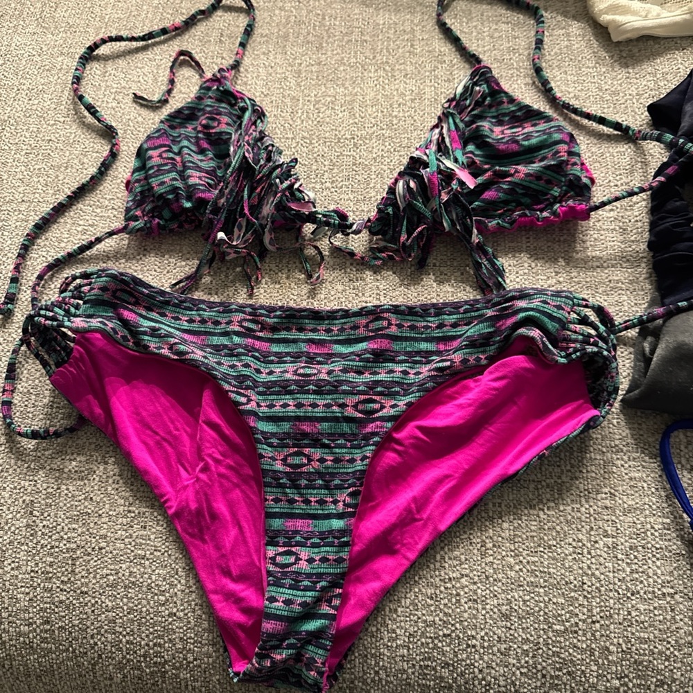 Billabong Pink and Green Striped Bikini